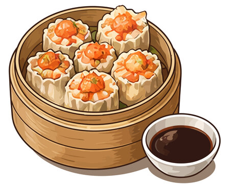 Detailed vector illustration of Indonesian siomay dumplings served in bamboo steamer with peanut sauce isolated on white background.