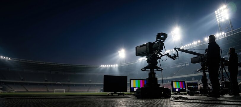 Broadcast television camera crew preparing for live sports event in stadium at night