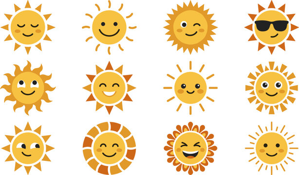 Cute Sun Character Vector Icon Set Featuring Various Kawaii Expressions Like Smiling Winking Sleeping and Wearing Sunglasses for Summer Weather Forecast Graphic Designs