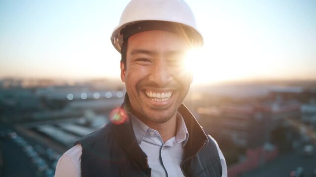 Happy, man and engineer outdoor with face, inspector and architecture for urban infrastructure. Portrait, person and contractor on rooftop, positive attitude and quality control for city construction