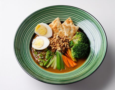indonesian pecel vegetables with peanut sauce egg and crackers isolated background