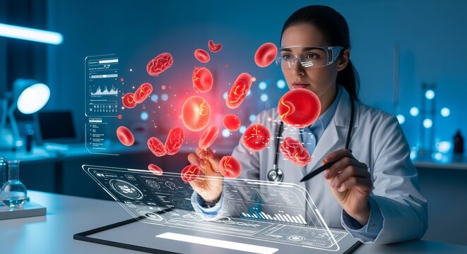 Clinician examines holographic red blood cells for sickle cell disease research and innovation