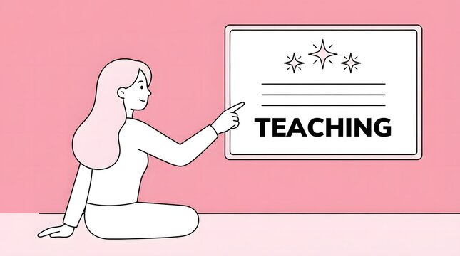 Woman pointing to a teaching presentation on a pink background