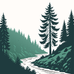 A serene forest landscape with tall pine trees and a winding river flowing through the valley, rendered in a two-tone green style © shahin10