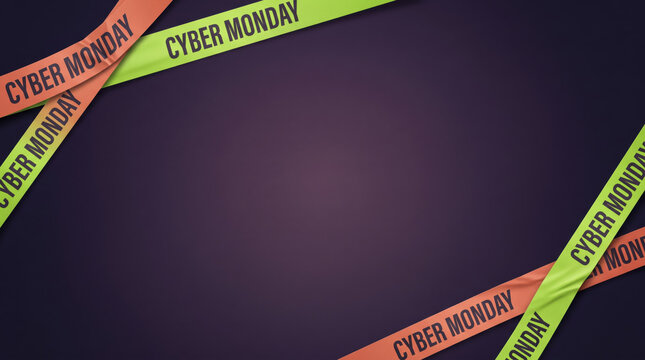 Cyber Monday Caution Tape Border on Dark Background with Copy Space, Online Shopping Sale Banner Template