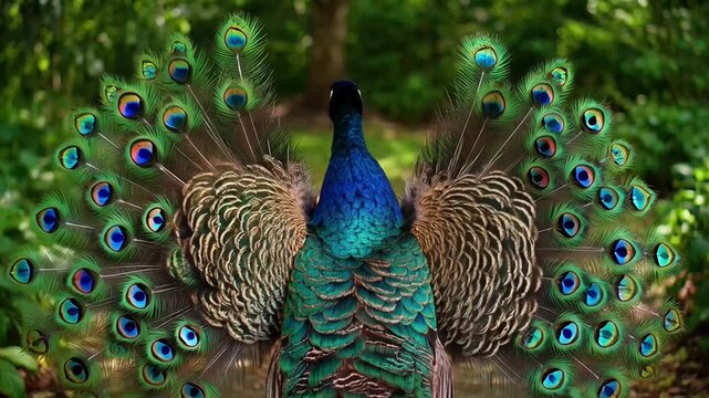 Majestic peacock displaying vibrant feathers in lush nature