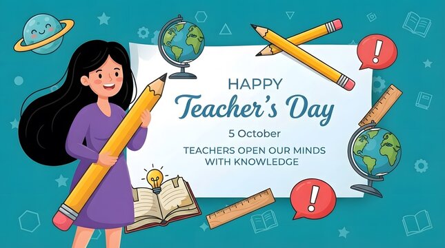 Happy teacher's day cartoon illustration with education elements