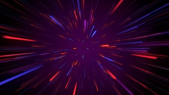 Abstract futuristic tunnel effect with glowing neon light streaks zooming forward, seamless loop animation of high-speed light travel in space, dynamic energy rays on dark background, ideal for sci-fi
