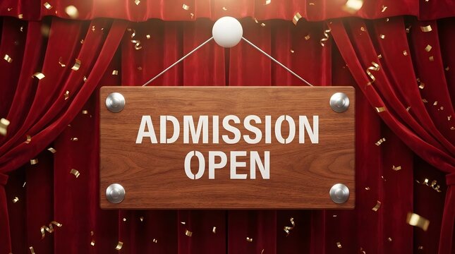 Admission open sign hanging on red curtain background with confetti