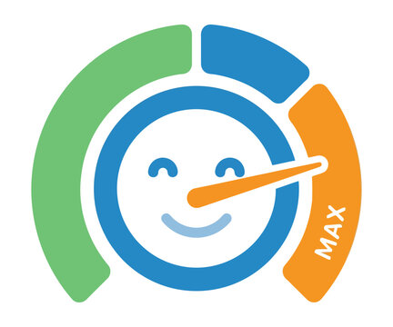 Smiling face speedometer gauge with green blue and orange sections on white background