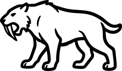 Saber-toothed cat illustration, prehistoric mammal, extinct animal, bold outline, white background © ijj