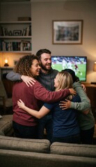Obraz premium Friends celebrating together after a goal while watching sports at home
