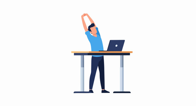 Man Stretching at Standing Desk Illustration - Office Ergonomics and Workplace Wellness Concept