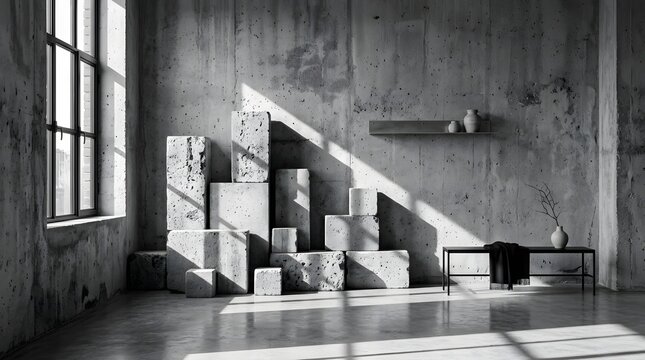 Interior view of a raw concrete room with abstract geometric block wall design concrete interior geometric architecture sculpture