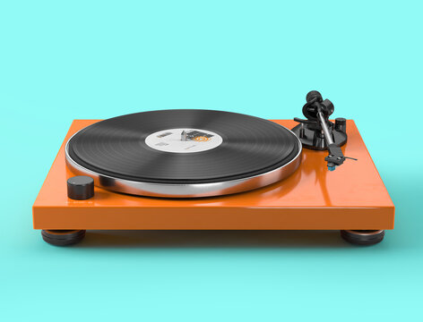 Modern orange vinyl record player with disc on blue background