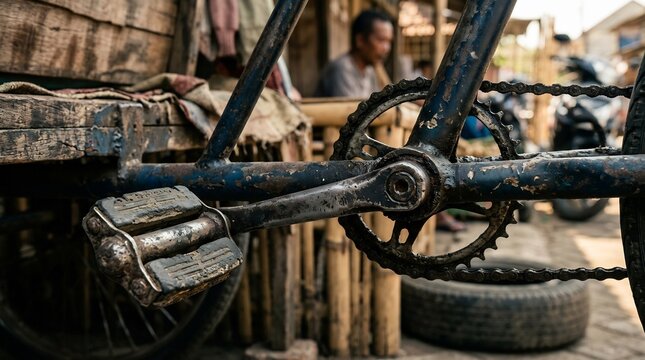 Traditional Indonesia becak transport close up showing worn gears, metal pedal, and torn fabric seat cushion