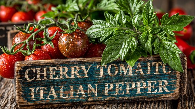 Fresh cherry tomatoes and basil rest in a wooden crate with a painted sign serving as a rustic background for culinary inspiration.