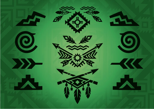 Symmetrical tribal motifs, ethnic geometric symbols, traditional decorative design on green gradient background, ornamental graphic illustration