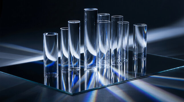 Glass Test Tubes Arranged On Clear Reflective Surface With Light Effects