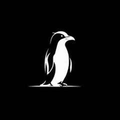 Obraz premium Sleek, high-contrast black and white graphic illustration featuring a stylized penguin with a dignified posture, ideal for modern branding, logos, or sophisticated wildlife-themed design projects