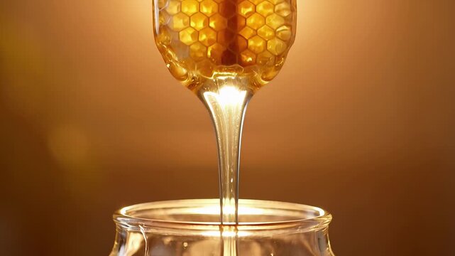 Honeycomb in glass jar with golden light reflections