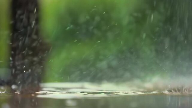 Rain falling forest close-up on wet ground with splashing drops, creating environmental use for storm impact, runoff risk, flood warning, water damage, climate danger, and severe weather background