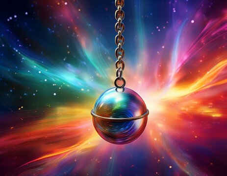a shiny pendulum hangs chain suspended against a blurred backdrop of swirling colorful nebulous energy radiating light