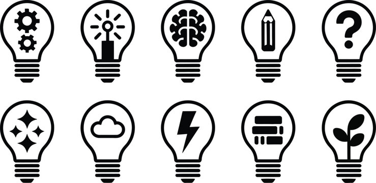 Light bulb icons, modern symbols for ideas, creativity, innovation, knowledge, inspiration, problem solving and learning in flat design.