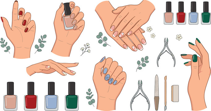 Beautiful Female Hand Gestures and Manicure Vector Set with Painted Nails Polish Bottles Cuticle Clippers and Buffer Blocks for Beauty Salon and Spa Graphic Designs