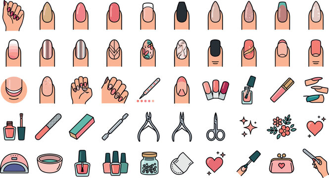 Comprehensive Nail Art Shapes and Salon Care Icon Set with False Fingernails Polish Bottles Storage Jars and Manicure Scissors for Cosmetic Branding Layouts