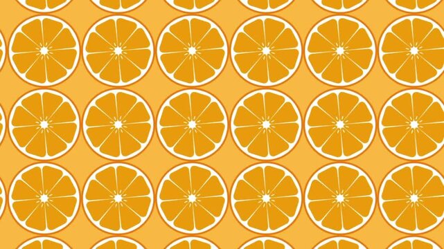 A flat-design looping background animation featuring a pattern of fresh orange slices moving horizontally.
