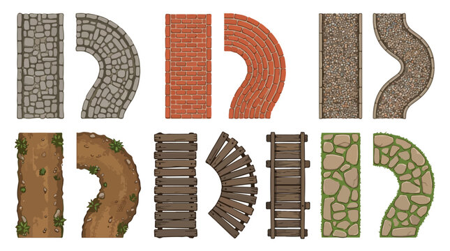 Medieval stone path and road textures set, top view cobblestone and brick walkway vector elements, wooden bridge and dirt trail for map design