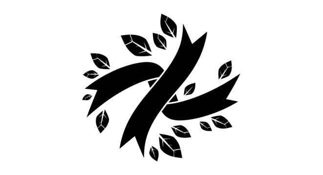 Black silhouette emblem featuring stylized crossed ribbons decorated with decorative leaves.