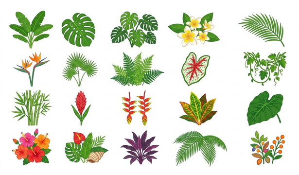 Cartoon Tropical Jungle Leaves and Flowers Vector Collection Exotic Botanical Elements on White Background