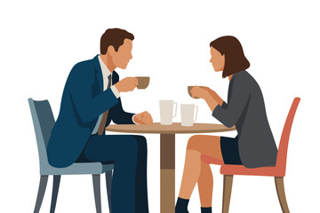Fototapeta premium Business Man and Woman Drinking Coffee at Table Illustration
