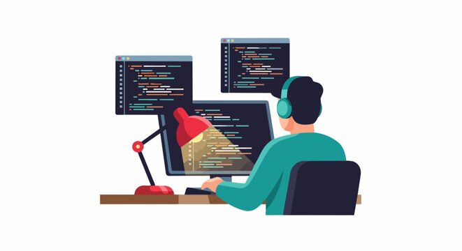 Software Developer Working on Code with Multiple Monitors and Headphones, Flat Vector Illustration of Programmer at Desk