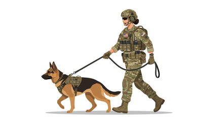 Soldier in camouflage uniform walking a German Shepherd dog on a leash against a white background with a military mood. © ahmad
