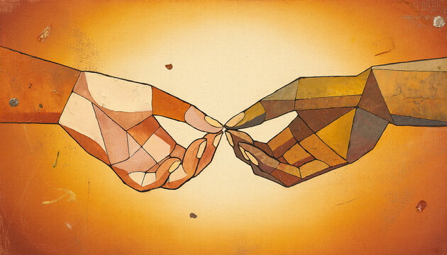 Two symmetric geometric hands reaching toward each other one organic one angular, warm earth tones, illustration.