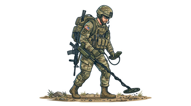 A soldier in camouflage gear uses a metal detector while walking on a dirt patch with a gun and backpack on a white background.