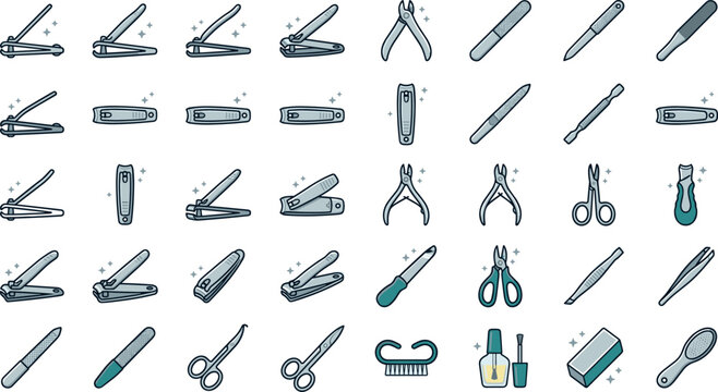 Professional Stainless Steel Manicure and Pedicure Tools Vector Icon Set Featuring Nail Clippers Scissors Tweezers Buffer Blocks and Care Brushes for Beauty Salon Designs