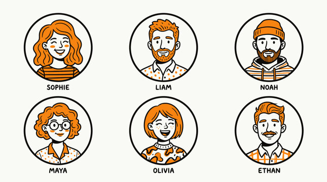Colorful cartoon character avatars with names for profile icons.