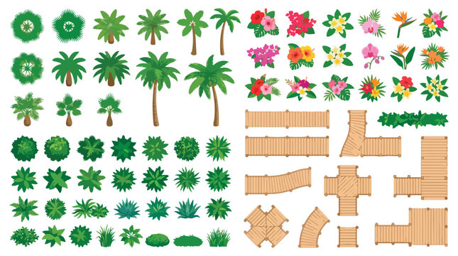 Tropical landscape map elements set, top view palm trees and exotic flowers, wooden boardwalk paths and garden plants vector collection