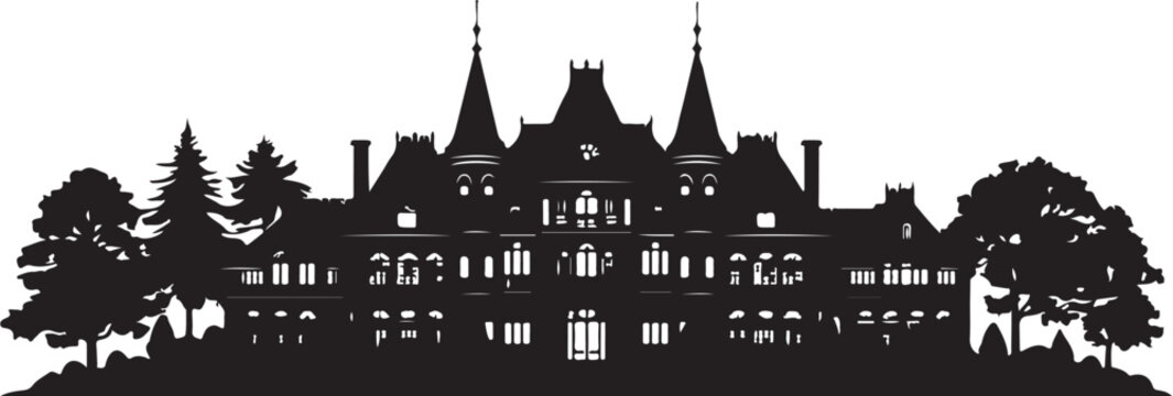 Black silhouette of a large castle with turrets and trees
