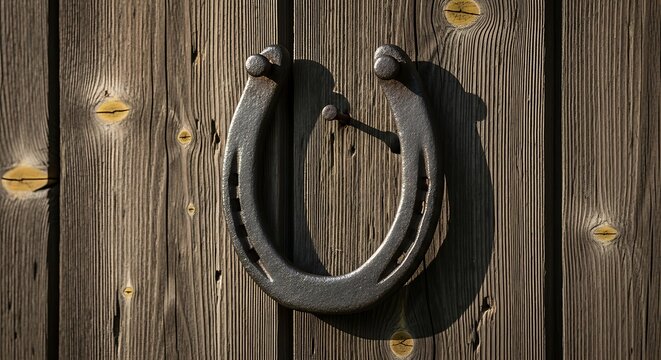 A horseshoe hangs on a wooden fence with visible planks and nails
