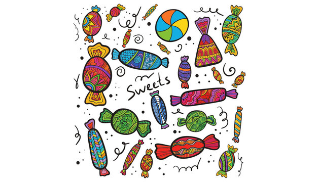 Hand drawn colorful candy sweets and treats pattern design set