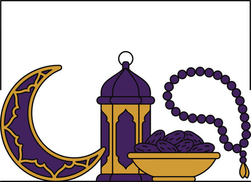 Islamic Ramadan vector set with crescent moon lantern bowl of dates and prayer beads