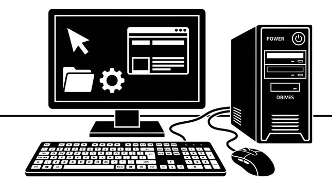 Desktop computer hardware setup illustration.