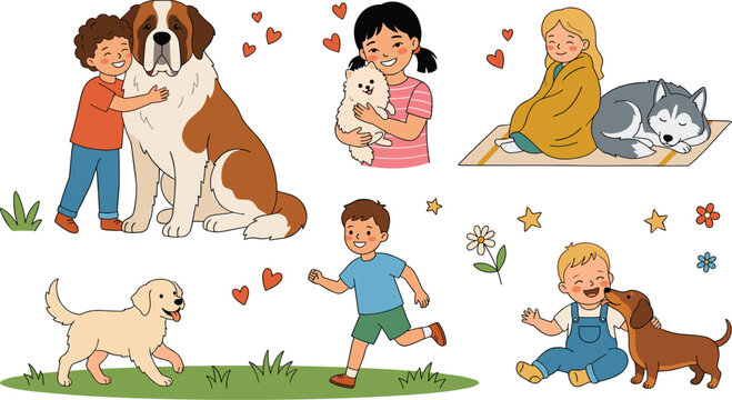 Happy Kids and Cute Dogs Vector Set Featuring Children Hugging Golden Retriever Saint Bernard Pomeranian Husky and Dachshund Puppies in Park