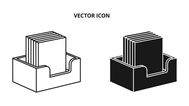 Stack of Paper Icons: Two isometric vector icons depict a stack of papers or documents held neatly within a holder. One icon is in outline style, and the other is a solid silhouette.