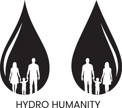 Black silhouette hydro humanity water drop vector illustration, family protection and clean water conservation concept, isolated on white background